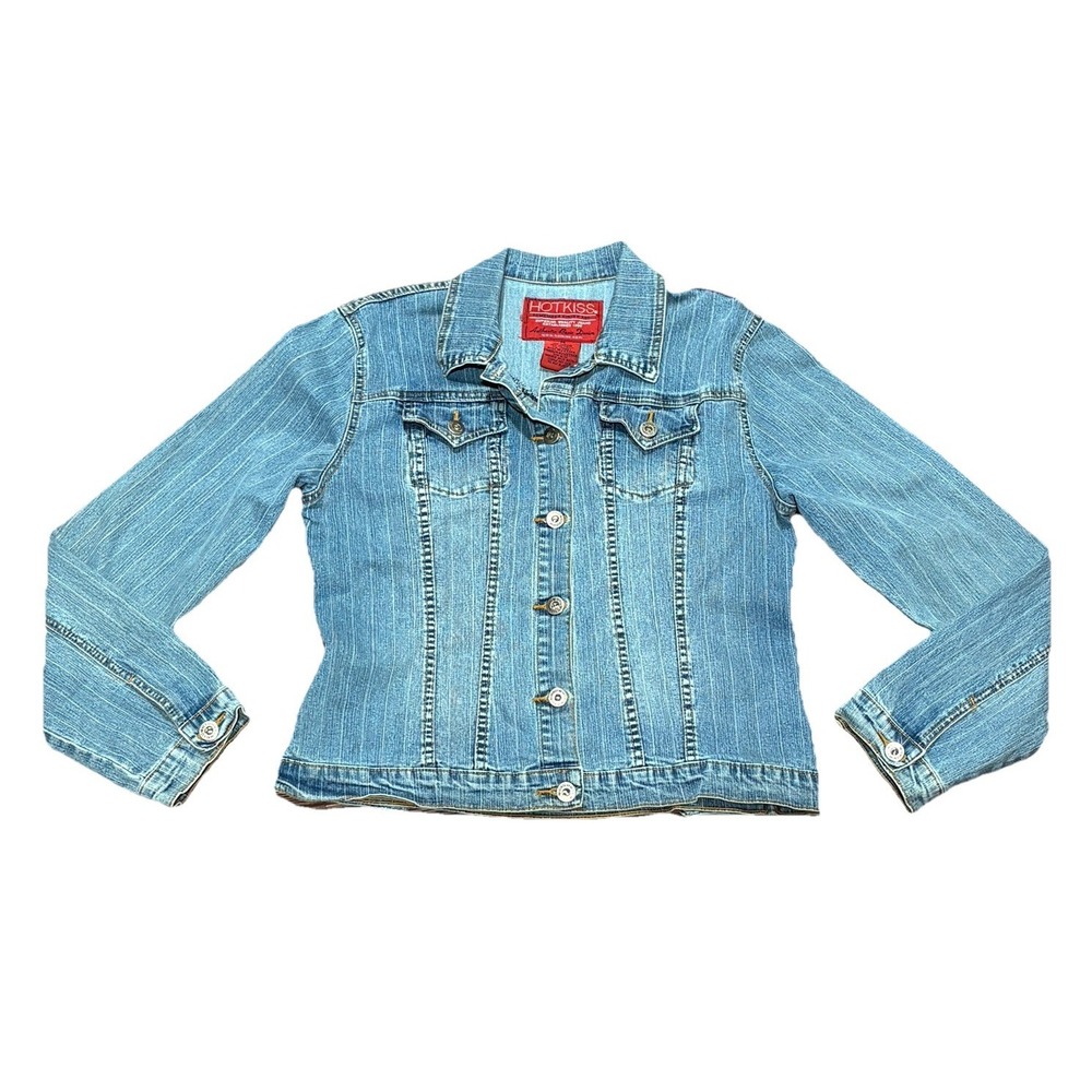 VTG Hot Kiss Women's Long Sleeve Blue Button Down Denim Jeans Jacket Size Medium